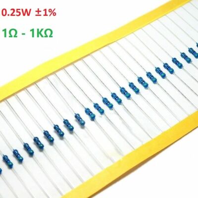 100pcs x 1/4W Watt 0.25W Metal Film Resistor ±1% 1R Ω to 1K Ω Ohm
