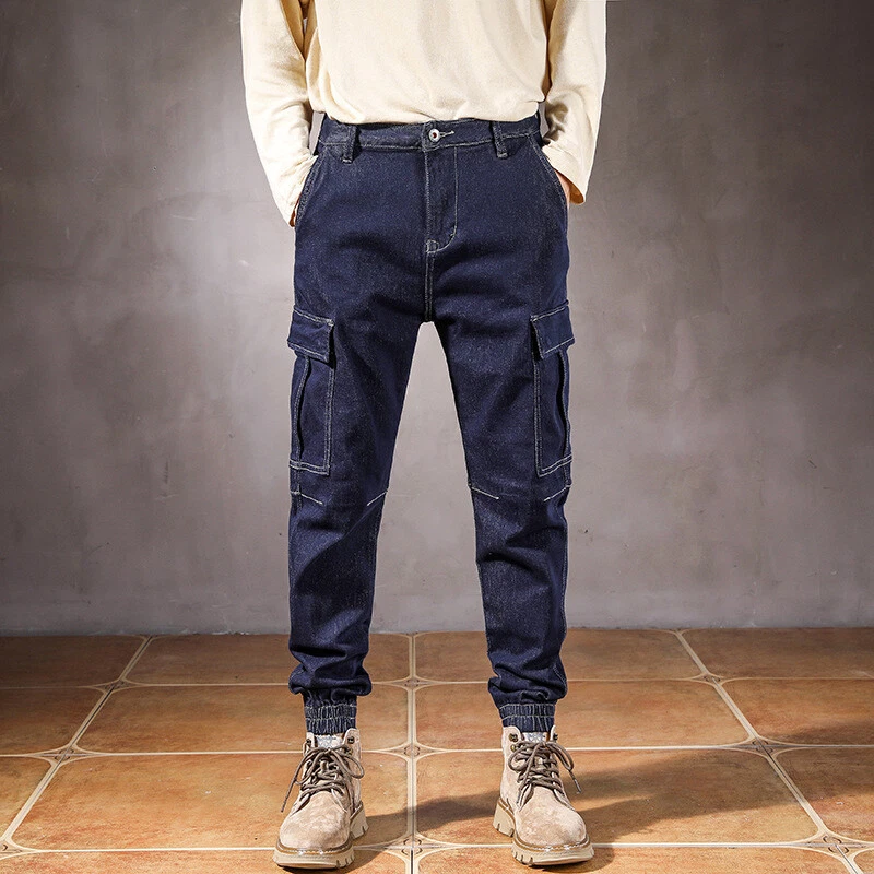 Men Denim Joggers Cargo Tapered Cuffed Pants Casual Jeans Trousers Side  Pocket