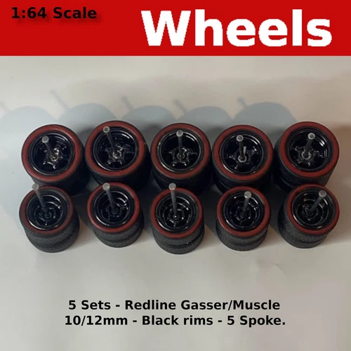 5 Sets-Black Redline 5 Spoke with Tires and axles.10mm/12mm for Hot Wheels