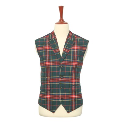 Mens Vest XL Green Red Tartan Plaid Wool Formal Party Suit Lapel Waistcoat  46