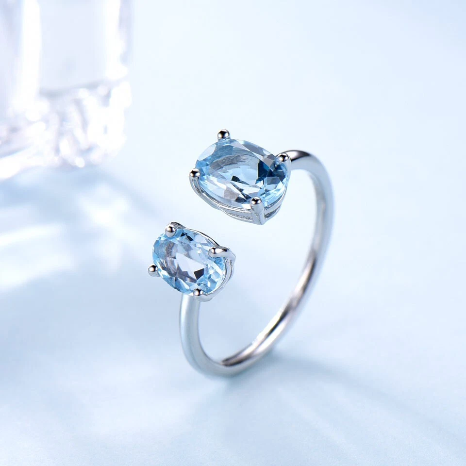 Joyería Plata de Ley 925 Topacio Clásico Mujer Promesa Anillo Abierto Ajustable Foto 4 de 4