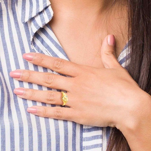 Personalized Real Diamond 14K Real Gold White Heart Custom Initial Signet Ring - Picture 11 of 19