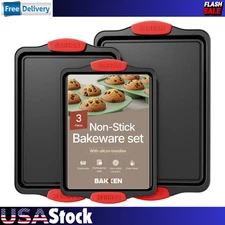 Baking Pan Set – 3 Piece Cookie Sheet – Deluxe Black Non-Stick Carbon Steel – Si