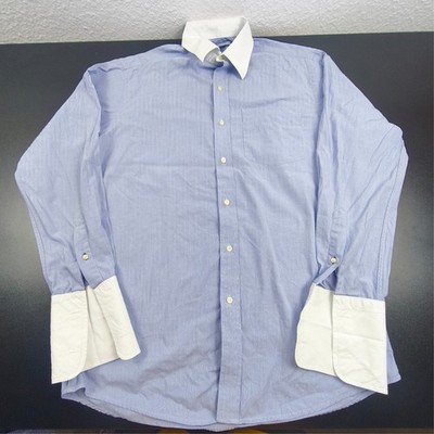 Tommy Hilfiger Shirt Mens M Blue White Striped Contrast Collar Long Sleeve Business