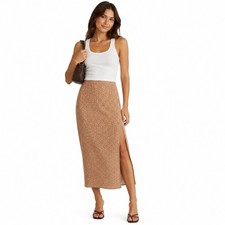 Abercrombie Fitch Geometric Print Midi Skirt Side Slit Dipped Waist Tan Sz S