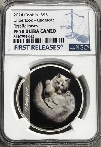 2024 Cook Islands S$5 Underlook Undercat FR NGC PF70 Ultra Cameo Raised Cat