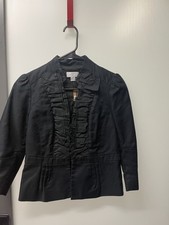 Ann Taylor Loft Black Ruffle Front Hook Closure 3/4 Sleeve Blazer Size 2P