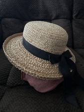 Ladies Wide Brim Straw Hat W/ Black Ribbon Bow-OS