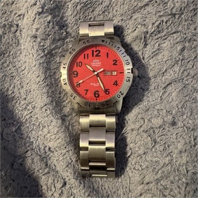 Orient Automatic Diver Wristwatch Red Dial Day/Date 40mm Stainless Bracelet