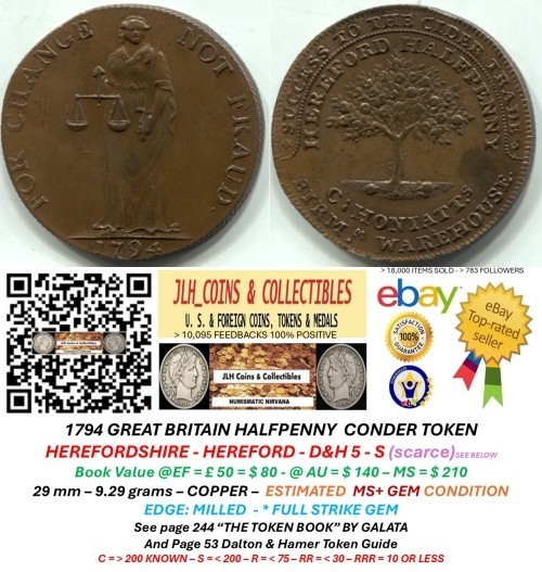 1794 GB Conder ½ PENNY - HEREFORDSHIRE - D & H 5 - FULL STRIKE GEM