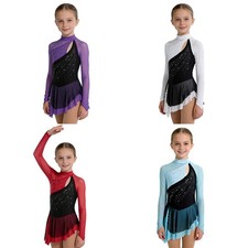 Girls Leotard Matching Gloves Included Dance Dress Fringe Figure Skating Dress
