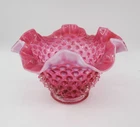 Vintage Fenton Cranberry Opalescent Hobnail Vase W/Ruffled Edge Bowl 4" Tall