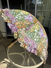 Vtg umbrella Parasol Ruffle floral with Ruffle trim Wood Handle Reduced 