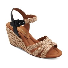 NWT Andre Assous Tan Milena Raffia Strap Black Espadrille Wedge Heel Sandals 10M
