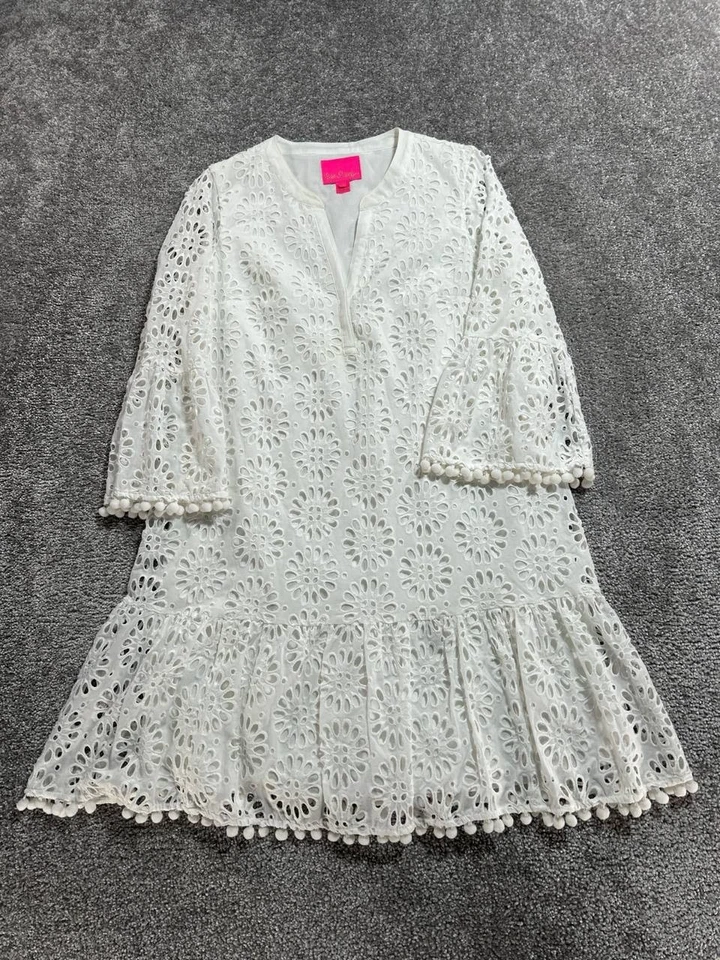 Lilly Pulitzer Mini Dress Womens Small White Cotton Floral Eyelet Pom Pom Trim - Image 2 of 4
