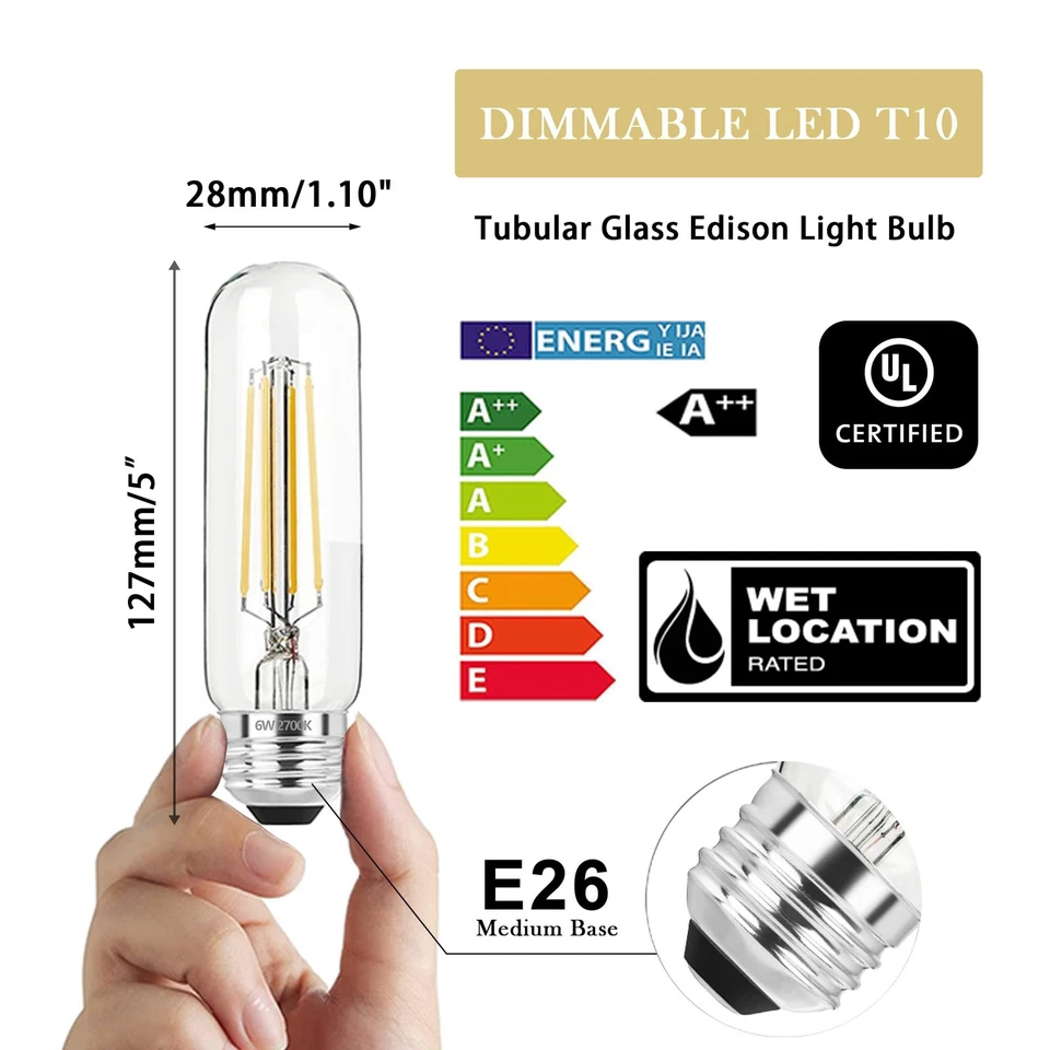 5 Inch Edison Bulb, 2700K Soft White E26 Led Bulb 6W Dimmable, 800LM T10 T9 B... - Image 2 of 4