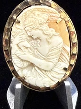 Antique  Hand Carved Shell Cameo Pin 12kt GF Hebe Feeding Zeus