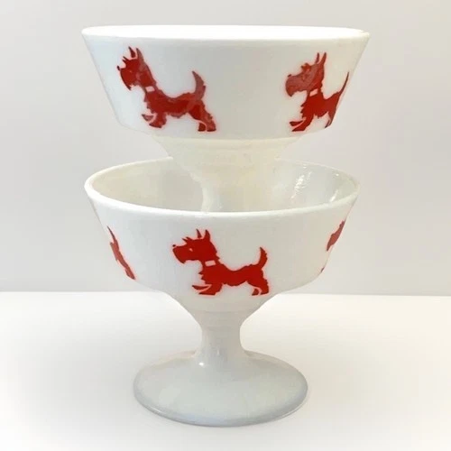 Hazel Atlas 1950s Desert Cup Scottie Dog White Red Milk Glass Kitsch VTG Pair 2