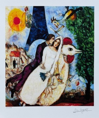 Marc Chagall BRIDE & GROOM OF EIFFEL TOWER Facsimile Signed Giclee