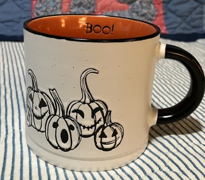 Halloween Mug Jack O Lantern Pumpkins Coffee Sketched Hand Painted Black 15 floz