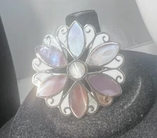 Alpaca Mexico Abalone Shell Mother of Pearl MOP White Enamel Pendant Brooch Pin