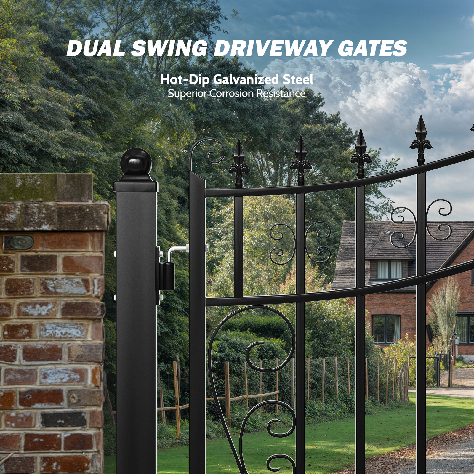 ZUMI 16x6 ft. Dual Swing Driveway Gates Outdoor Steel Swing Gates for Driveway