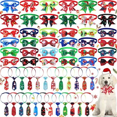 SADNYY 60 Pcs Christmas Dog Bows for Dogs Christmas Dog Collars Adjustable Santa Cla...