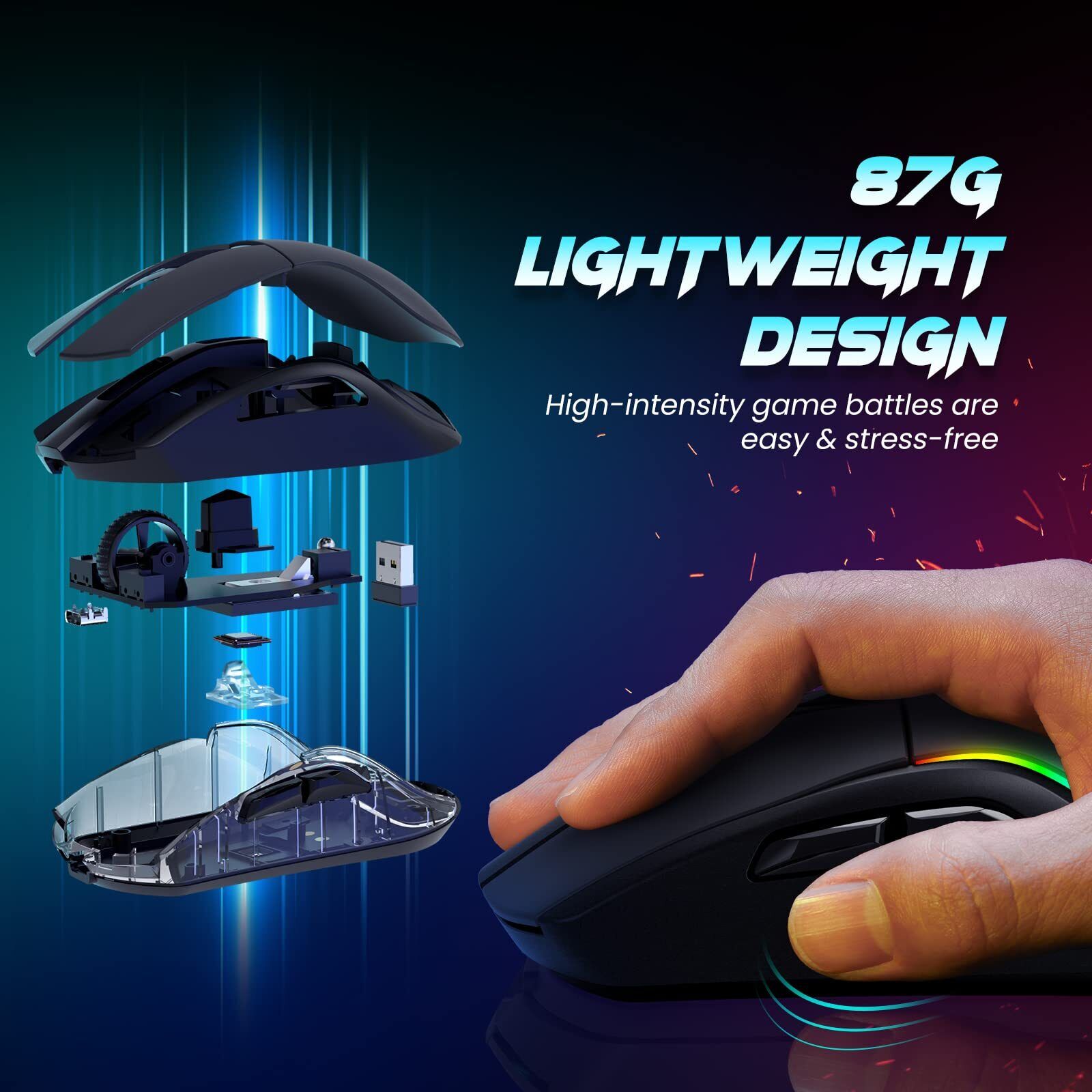 RisoPhy Kabellose Gaming-Maus mit magnetischer RGB-Ladestation, leichte Tri-M...