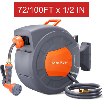 1/2 inx72/100 ft Wall Mounted Retractable Garden Hose Reel w/ 9 Function Sprayer