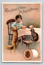 Victorian Trade Card J.P. Coats Little Girl Dog Cat Sewing 2.5" x 4"