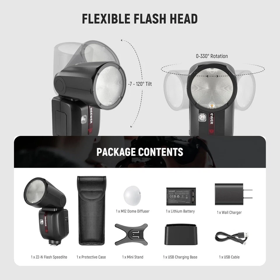 NEEWER Z2-N Z2N 2.4G TTL Round Head Flash Speedlite with Dome Diffuser for Nikon - Image 2 of 4