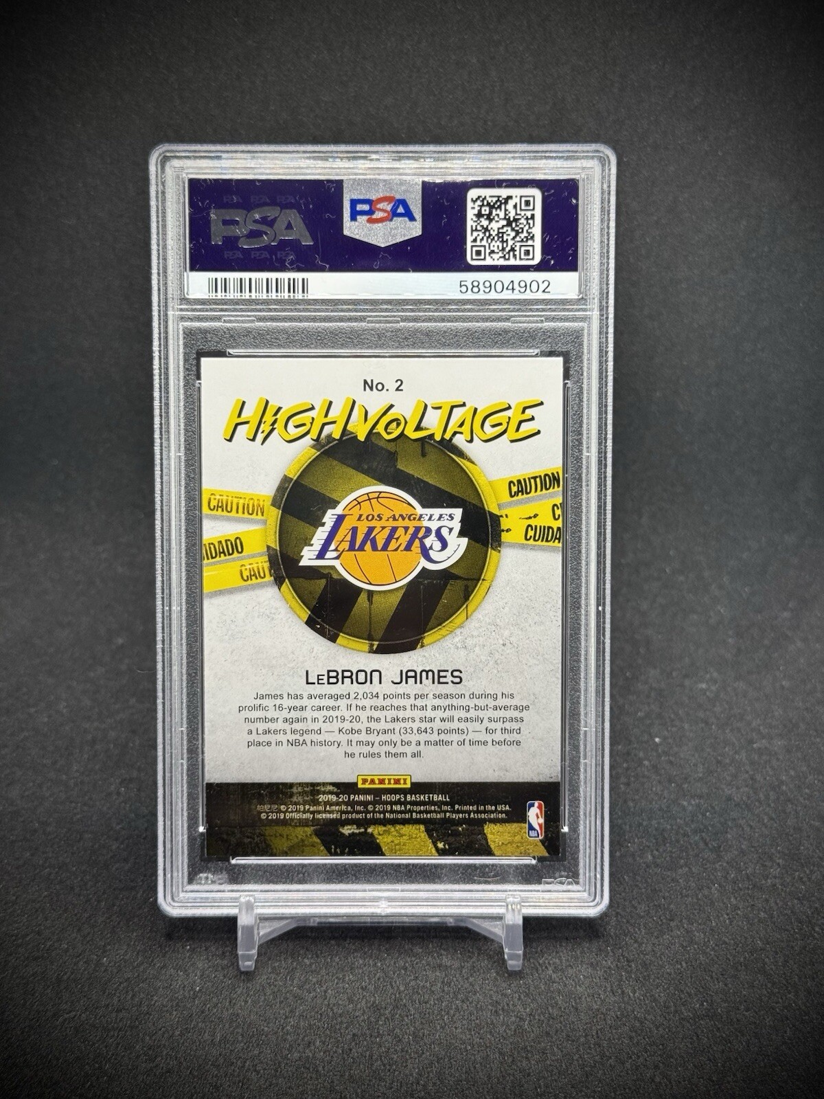 LeBron James 2019 Panini Hoops High Voltage Holo SP PSA 10 LA Lakers view 2