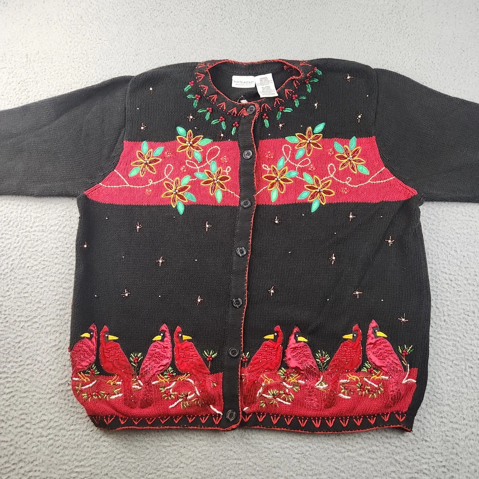 Suéter de Navidad Para Mujer 18W/20W Abotonado Cardenales Acebo Cárdigan Negro Rojo Foto 2 de 4