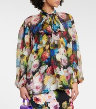 Dolce & Gabbana Silk Chiffon Floral Bouquet Blouse 38 Pussy Bow Sheer Runway
