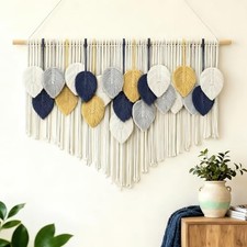 Large Macrame Tapestry Wall Hanging, 39"W x 29.5"L Blue Yellow Grey Bohemian