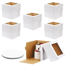 6 Pack 12x12x12 Inches Tall Cake Boxes with Boards for Tier Cakes Thick Sturd...