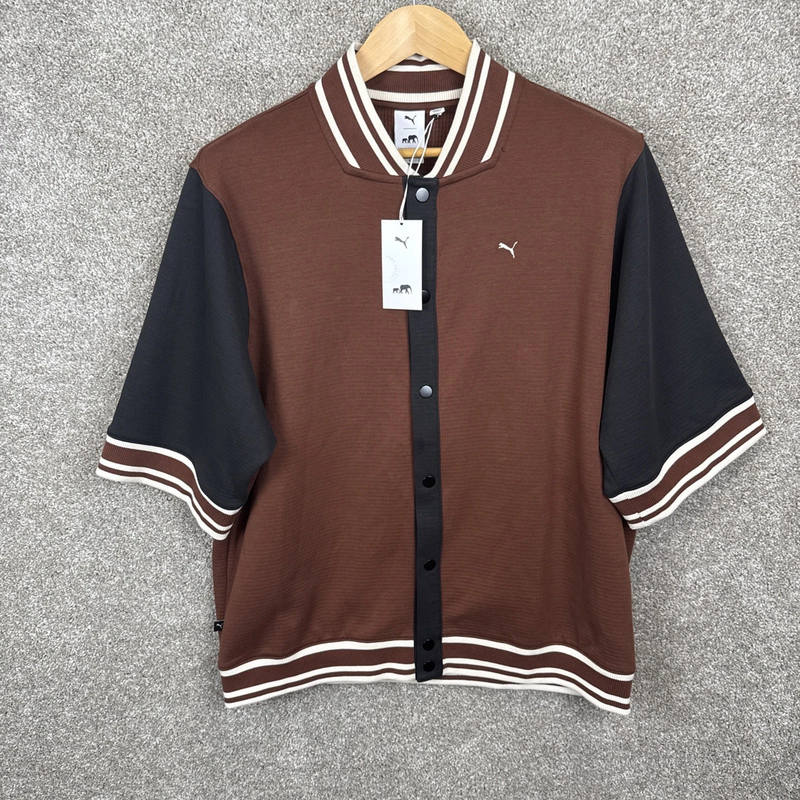 PUMA X The Brooklyn Circus camicia manica corta uomo grande marrone bottoni a pressione NUOVA