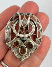 Large antique Victorian c 1890 sterling silver Scottish agate citrine brooch pin