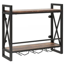 Wall Mounted Wine Rack w/2-Tier Shelves 3 Glass Holders Sturdy Metal Frame
