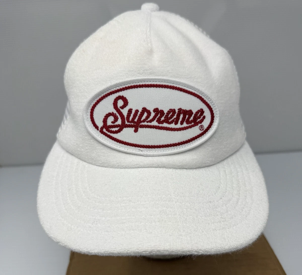 Supreme Trucker Hat Terry Mesh Back 5 Panel White Red Snapback Logo
