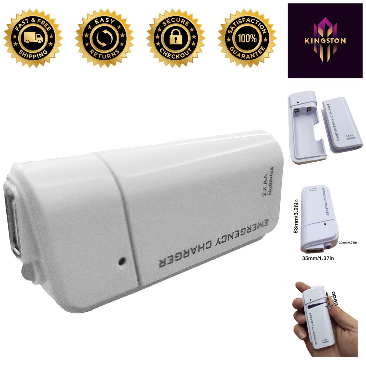 Compact Battery Powered Phone Charger - 2 AA Powered USB Power Bank in White