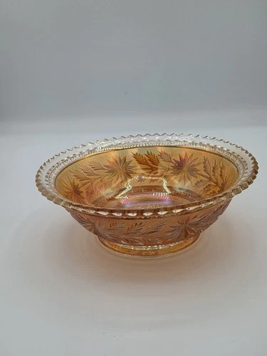 Orange Iridescent Glass Bowl Carnival Glass Pearlescent Glass Serrated edge