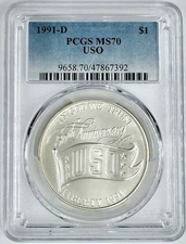 1991 D USO Anniversary Commemorative Silver Dollar PCGS MS 70 50th Anniversary