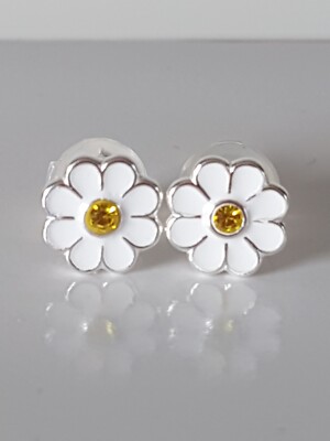925 Sterling Silver Kids Premium White Daisy Yellow Crystal Solid Stud Earrings