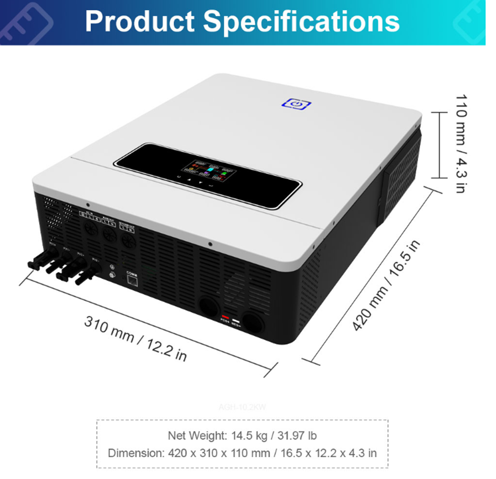 Onduleur Hybride 10200W – Double MPPT – 48V/240V – ECGSOLAX – Chargeur 160A – Off-grid
