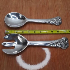 Vintage Aluminum Salad Serving Fork & Spoon Vegetable Motif 10"