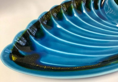 USA California Made Sea Shell Shaped Chip & Dip Dish Platter Blue Aqua R-134 - Picture 5 of 11