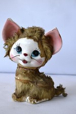 Vintage Furry Porcelain Cat Pink & Brown Figurines Japan Big Eye Fur Doll Toy "F