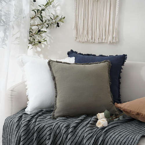 Set of 2 Decorative Linen Fringe Throw Pillow Covers Cozy Boho Farmhouse Cushion - Picture 5 of 12
