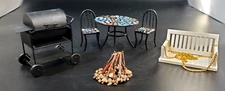Vintage Miniature Black BBQ, Table with 2 Chairs, Fire Pit and Porch Swing